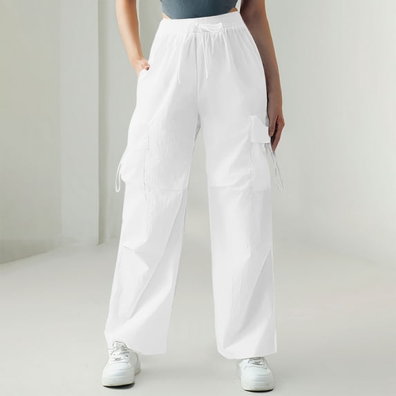 Ndbuld Cargo Pants Women High Waisted Parachute Pants Women's Solid Color High Waist Flap Pocket Work Pants Trousers With Pockets Evergreen White S