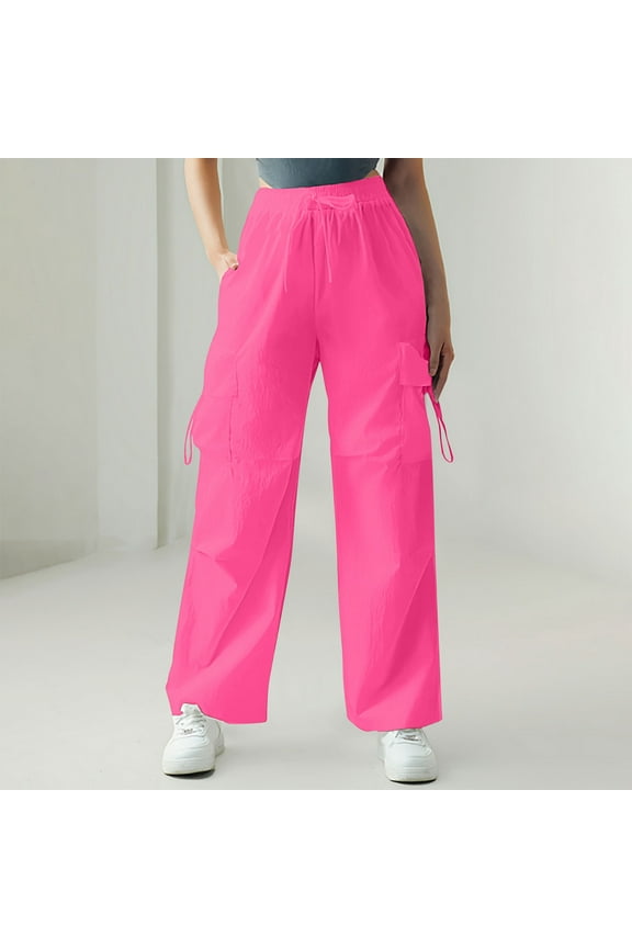 Cargo Pants Women High Waisted Parachute Pants Women's Solid Color High Waist Flap Pocket Work Pants Trousers With Pockets Evergreen Hot Pink M