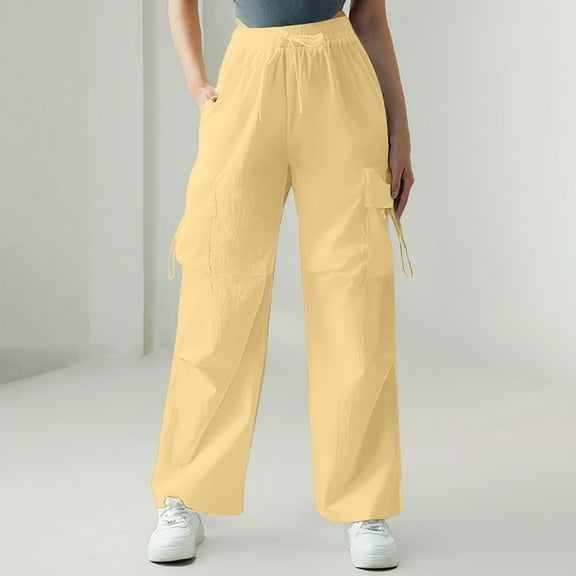 Ndbuld Cargo Pants Women High Waisted Parachute Pants Women's Solid Color High Waist Flap Pocket Work Pants Trousers With Pockets Evergreen Yellow S