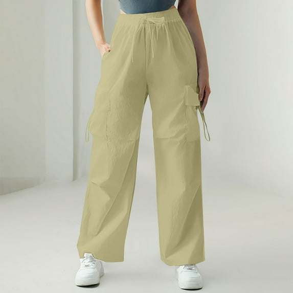 Ndbuld Cargo Pants Women High Waisted Parachute Pants Women's Solid Color High Waist Flap Pocket Work Pants Trousers With Pockets Summer Savings Evergreen Green L