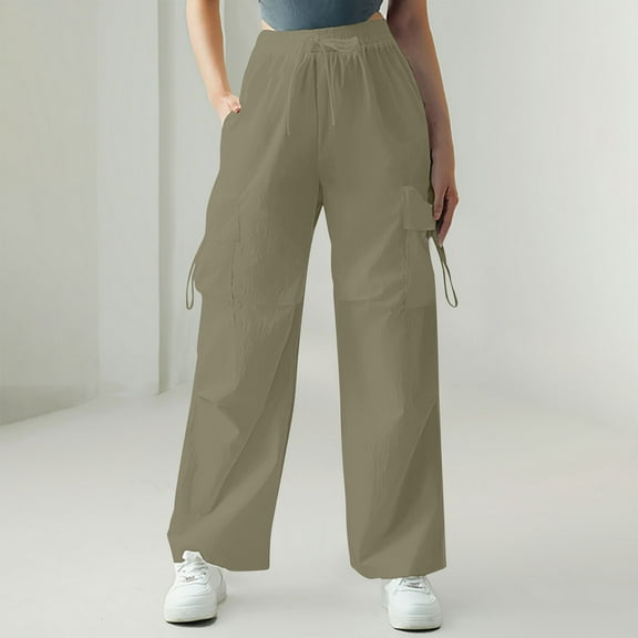 Ndbuld Cargo Pants Women High Waisted Parachute Pants Women's Solid Color High Waist Flap Pocket Work Pants Trousers With Pockets Evergreen Army Green L