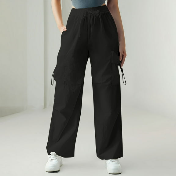 Ndbuld Cargo Pants Women High Waisted Parachute Pants Women's Solid Color High Waist Flap Pocket Work Pants Trousers With Pockets Evergreen Black S