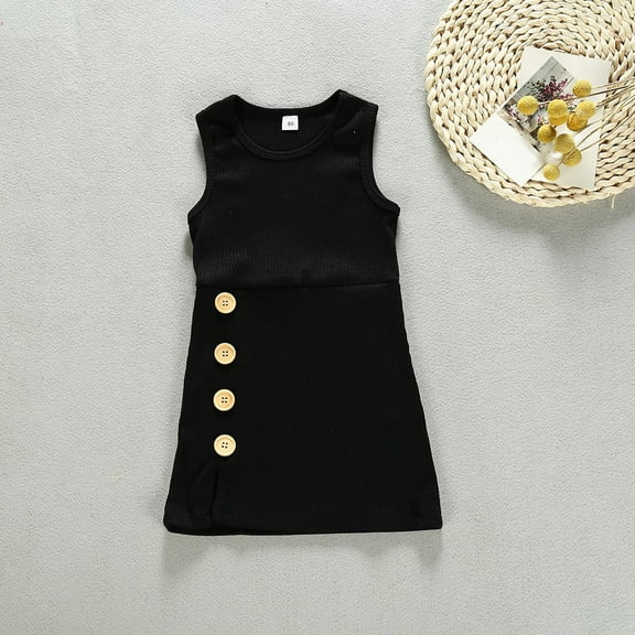 Ndbuld Child of Mine Baby and Toddler Girl Dress, 0-3years Girls' Fashion Solid Color Button Split Sleeveless Round Neck Dress ,90cm/35.43in,Black
