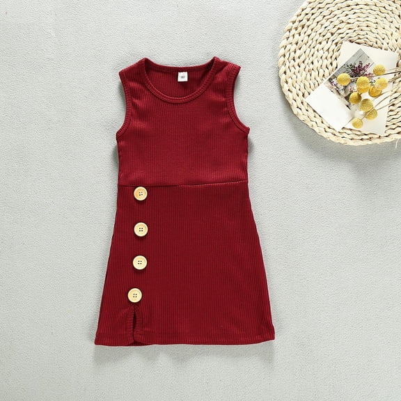 Child of Mine Baby and Toddler Girl Dress, 0-3years Girls' Fashion Solid Color Button Split Sleeveless Round Neck Dress 80cm/31.50in,Red