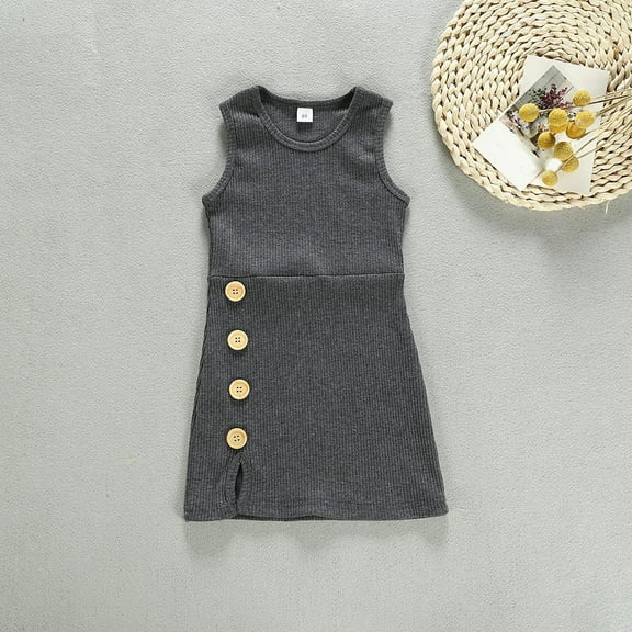 Ndbuld Child of Mine Baby and Toddler Girl Dress, 0-3years Girls' Fashion Solid Color Button Split Sleeveless Round Neck Dress 90cm/35.43in,Gray