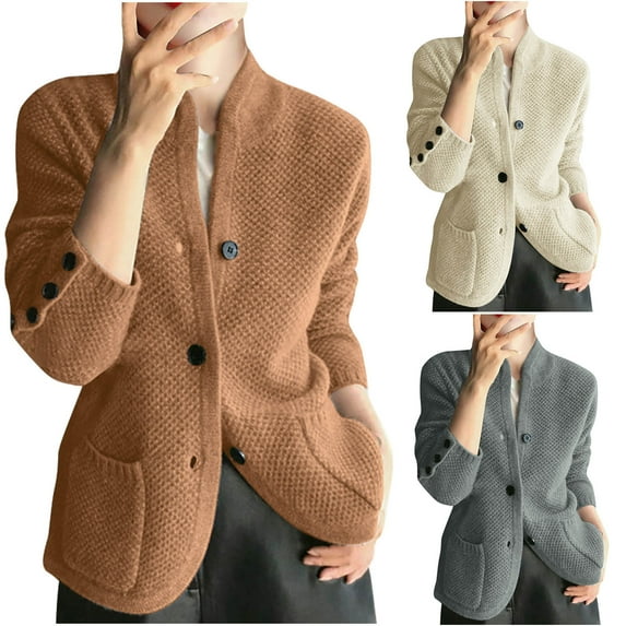 Ndbuld Christmas Gift Cardigan Sweaters for Women Fall and Winter Loose Knitted Cardigan Women's Loose Sweater Stand Collar Short Sweater Coat Round Neck Sweater,Brown,XL