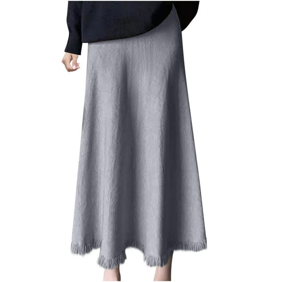 Ndbuld Womens Skirt Elastic High Waist Long Maxi Skirt Women's Solid Color Knitted Large Hem Tassel Versatile Mid To Long A-line Skirt With High Waist And Hip Wrapped Skirt,Gray