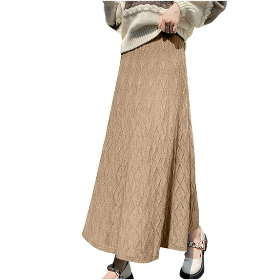 Ndbuld Womens Skirt Elastic High Waist Long Maxi Skirt Women's Solid Color Large Skirt A-line Knitted High Waisted Half Length Skirt Covering The Belly,Khaki
