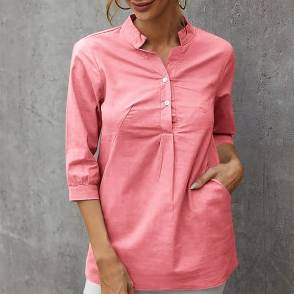 Ndbuld Cloths for Women Womens V Neck Striped Button Down Shirts Long Sleeve Tunic Tops Pink L