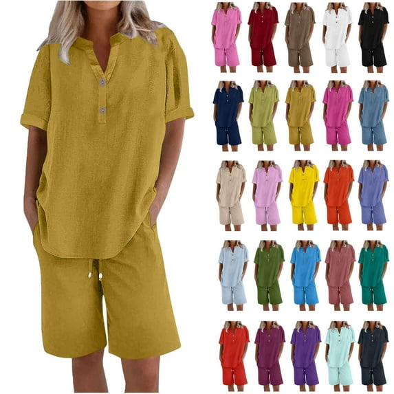 Ndbuld Cotton Linen Shirts for Women 2025 Summer Short Sleeve V Neck Button Down Tops Dressy Casual Oversized Tshirts Gold 4XL