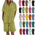 thumbnail image 1 of Ndbuld Cotton Linen Shirts for Women 2025 Summer Short Sleeve V Neck Button Down Tops Dressy Casual Oversized Tshirts Green 4XL, 1 of 5