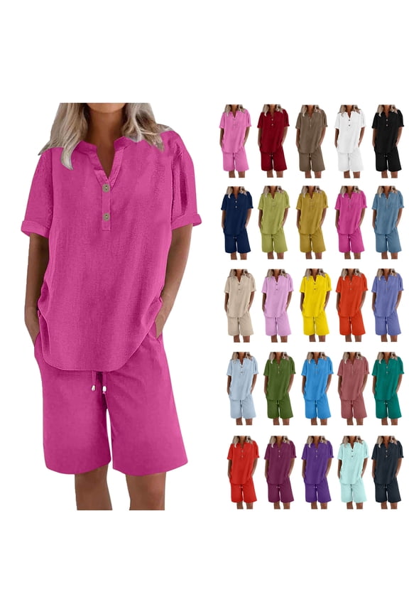 Cotton Linen Shirts for Women 2025 Summer Short Sleeve V Neck Button Down Tops Dressy Casual Oversized Tshirts Pink L