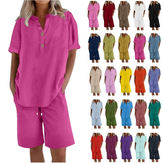 Ndbuld Cotton Linen Shirts for Women 2025 Summer Short Sleeve V Neck Button Down Tops Dressy Casual Oversized Tshirts Pink S