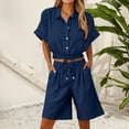 thumbnail image 1 of Ndbuld Cotton Linen Shirts for Women 2025 Summer Short Sleeve V Neck Button Down Tops Dressy Casual Oversized Tshirts Blue M, 1 of 7