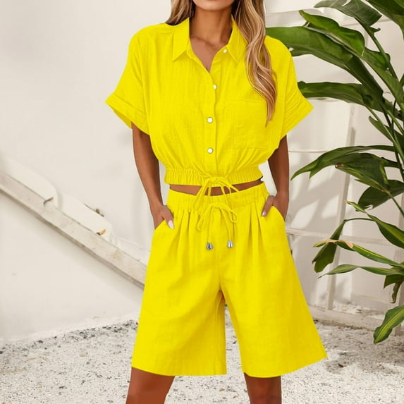 Ndbuld Cotton Linen Shirts for Women 2025 Summer Short Sleeve V Neck Button Down Tops Dressy Casual Oversized Tshirts Yellow M