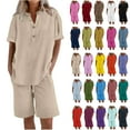 thumbnail image 1 of Ndbuld Cotton Linen Shirts for Women 2025 Summer Short Sleeve V Neck Button Down Tops Dressy Casual Oversized Tshirts Holiday Gift Finder Beige 3XL, 1 of 4