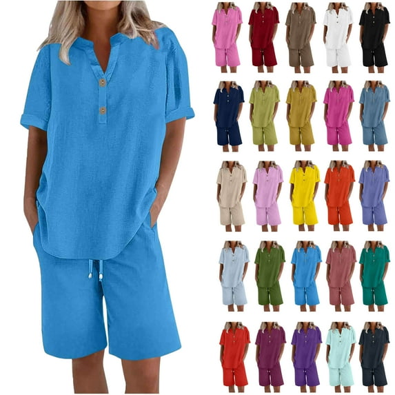 Ndbuld Cotton Linen Shirts for Women 2025 Summer Short Sleeve V Neck Button Down Tops Dressy Casual Oversized Tshirts Holiday Gift Finder Blue M