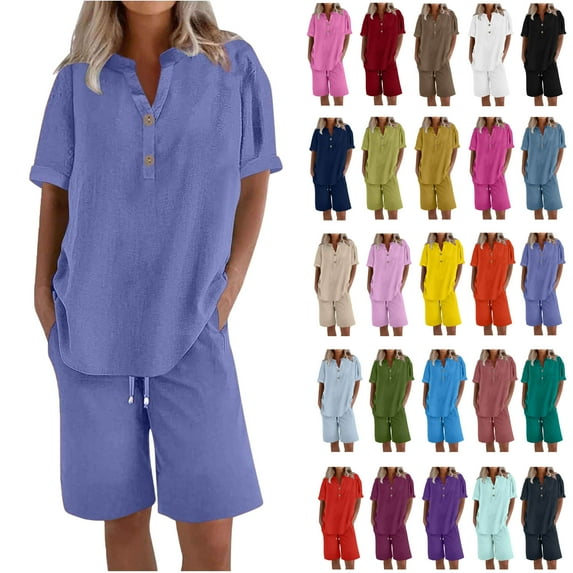 Ndbuld Cotton Linen Shirts for Women 2025 Summer Short Sleeve V Neck Button Down Tops Dressy Casual Oversized Tshirts Holiday Gift Finder Blue S