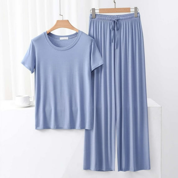 Ndbuld Cotton Pajamas for Women Sets Women's Round Neck Loose Solid Color T-shirt Lace Up Wide Leg Pants Home Wear Two-piece Pajama Sets Clearance Sales Online Deals Light Blue 2XL