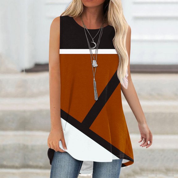 Ndbuld Women's Tank Tops Women Casual T-shirt Printed Round Neck Sleeveless Pullover Blouse Tops Holiday Gift Finder Orange S