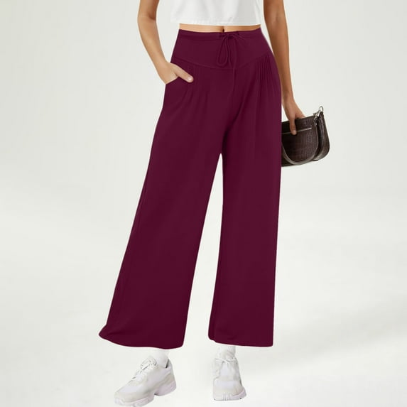 Ndbuld Dress Pants Women Women's Pants Spring Summer Casual Loose Solid Color Fashion Pockets Outwear Long Pants for Women Clearance Under 10 Wine L