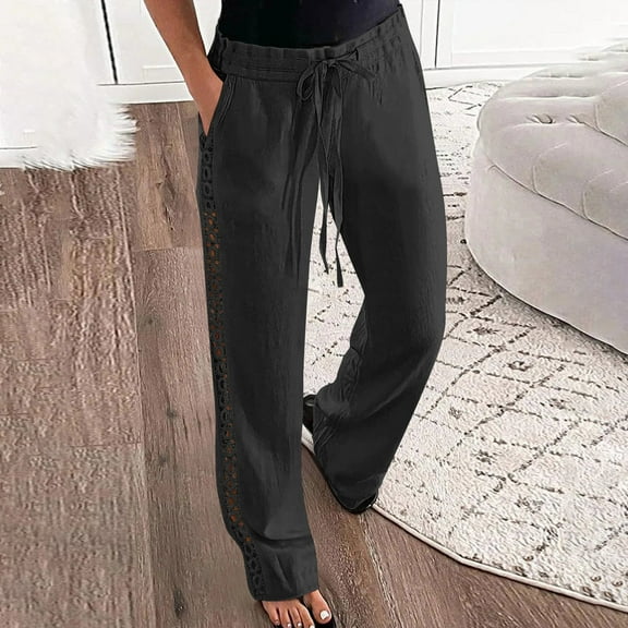 Ndbuld Dress Pants for Women Womens Dress Pants Women'S Spring Solid Color Lace-Up with Cotton And Linen All Straight Leg Casual Pants Christmas Gift Black XL