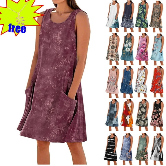 Ndbuld Dresses for Women Printing Casual Sleeveless V-neck Linen Loose Fitting Midi Dress With Pockets,Size S-XXXL