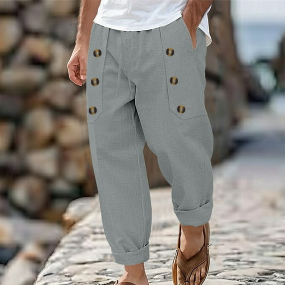 Ndbuld Essentials Men's Pants, Chinos, Straight-Fit Jogger Men's Casual Beach Solid Color Cotton Linen Loose Drawstring Button Pocket Pants Up to 35% off Dark Gray S