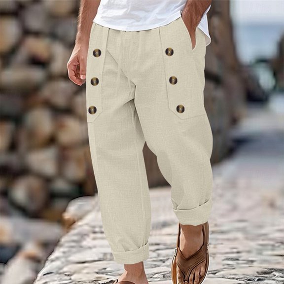 Ndbuld Essentials Men's Pants, Chinos, Straight-Fit Jogger Men's Casual Beach Solid Color Cotton Linen Loose Drawstring Button Pocket Pants Khaki 3XL