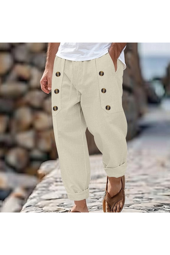 Essentials Men's Pants, Chinos, Straight-Fit Jogger Men's Casual Beach Solid Color Cotton Linen Loose Drawstring Button Pocket Pants Khaki M