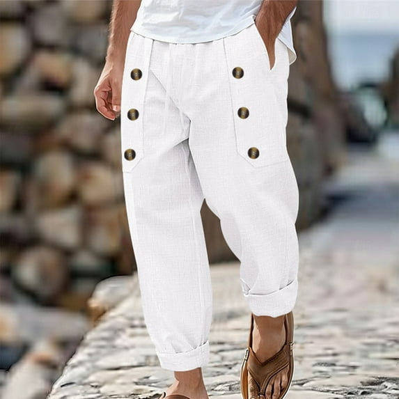 Ndbuld Essentials Men's Pants, Chinos, Straight-Fit Jogger Men's Casual Beach Solid Color Cotton Linen Loose Drawstring Button Pocket Pants Up to 35% off White 3XL
