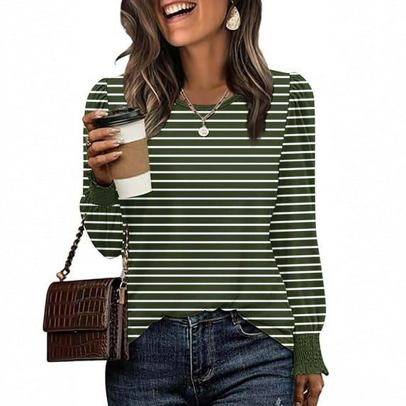 Ndbuld Fall Shirts for Women Long Sleeve Blouses Ladies Crewneck Lace Crochet Tops Dressy Chiffon Blouses Army Green S