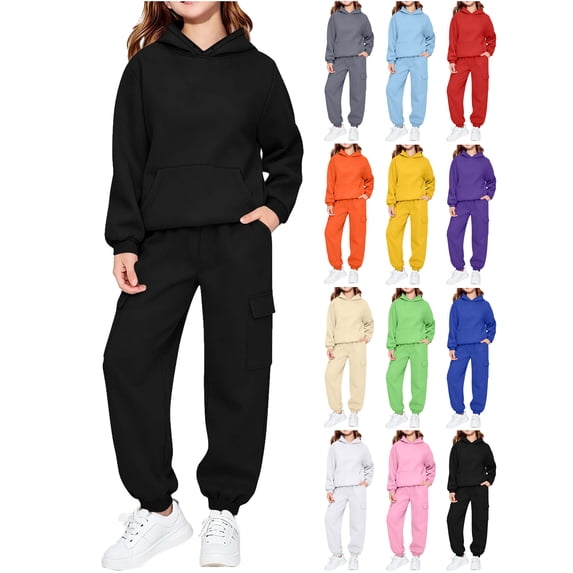 Ndbuld Girls Boys 2 Piece Tracksuit Athletic Sweatsuits Sets Crop Tops Hoodies Long Sleeve Fashion Sweatshirts and Sweatpants Black