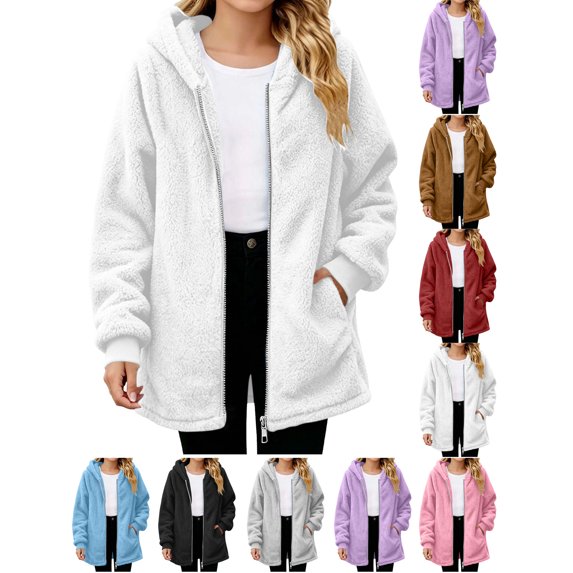 Ndbuld Girls Fuzzy Fleece Jacket Children's Winter Solid Color Leisure Fashion Fleece-lined Warmth Long Sleeve Hooded Casual Outwear Jackets Kids 5-15Years