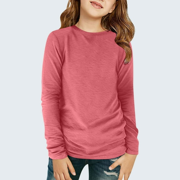 Girls Long Sleeve Shirts Soft Crewneck Long-Sleeve T-Shirts Basic Tagless Layering Tees Hot Pink cm/0in 11Y