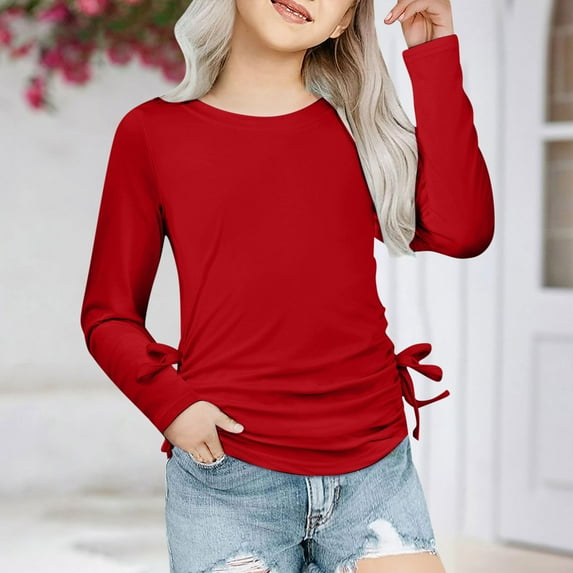 Ndbuld Girls Long Sleeve Shirts Soft Crewneck Long-Sleeve T-Shirts Basic Tagless Layering Tees Clearance Under 10 Red 140cm/55in 9Y