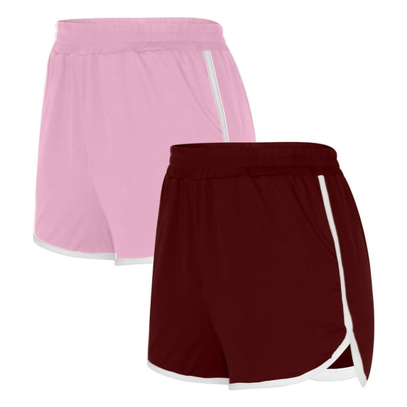 Ndbuld High Waist Athletic Shorts for Womens 2PCS Solid Color Shorts for Women Casual Loose Comfy Elastic Waist Yoga Athletic Short Pants Trendy Beach Shorts with Pockets Gift for Girls Pink L