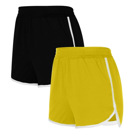 Ndbuld High Waisted Biker Shorts for Women 2PCS Solid Color Shorts for Women Casual Loose Comfy Elastic Waist Yoga Athletic Short Pants Trendy Beach Shorts with Pockets Clothes Yellow XL