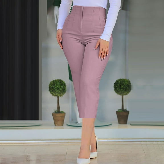 Ndbuld High Waisted Capri Leggings for Women Women's Solid Color Fashionable Casual Slim Fitting Pocket Waist Cropped Pants Pink3XL