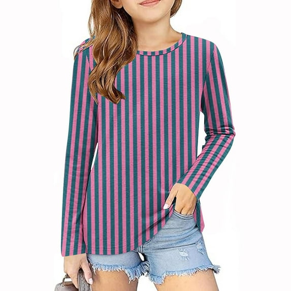 Ndbuld Holiday Gift Finder Girls Long Sleeve Shirts Cotton T-Shirts Long-Sleeve Tagless Layering Tees for Youth Teen Girls Pink 140cm/55in 7Y