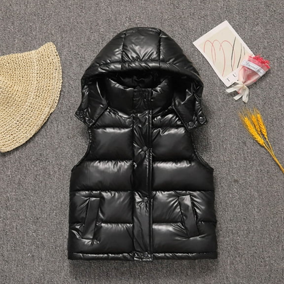 Ndbuld Hooded Puffer Jackets for Boys and Girls Fall And Winter Children's Down Jacket Top Outer Wear Thick Detachable Hat Bright Sleeveless Jacket Black 11 Years