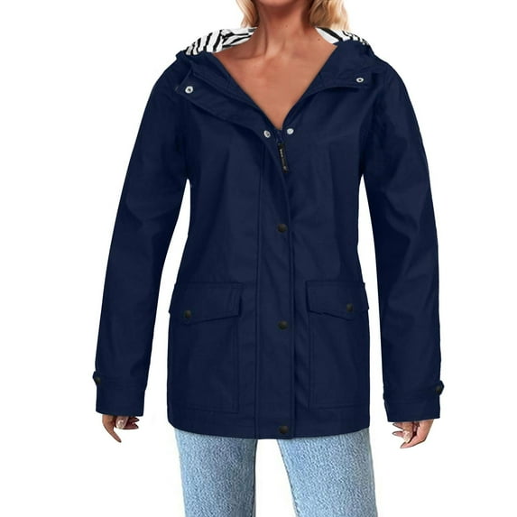 Ndbuld Jacket Women Women’s Solid Rain Jacket Outdoor Jackets Hooded Raincoat Windproof Tops S-5XL,Dark Blue,3XL