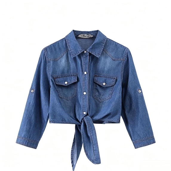Ndbuld Jacket for Women Fashion Casual Solid Color Midriff-baring Long Sleeve Lapel Neck Denim Jacket,Blue,M