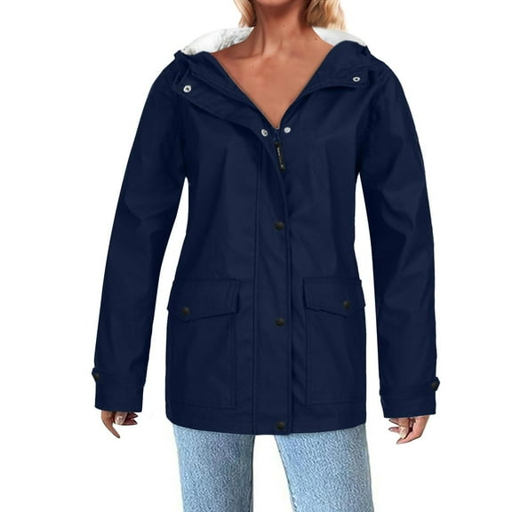 Ndbuld Jacket for Women Women’s Solid Rain Jacket Outdoor Jackets Hooded Raincoat Windproof S-5XL,Dark Blue,M