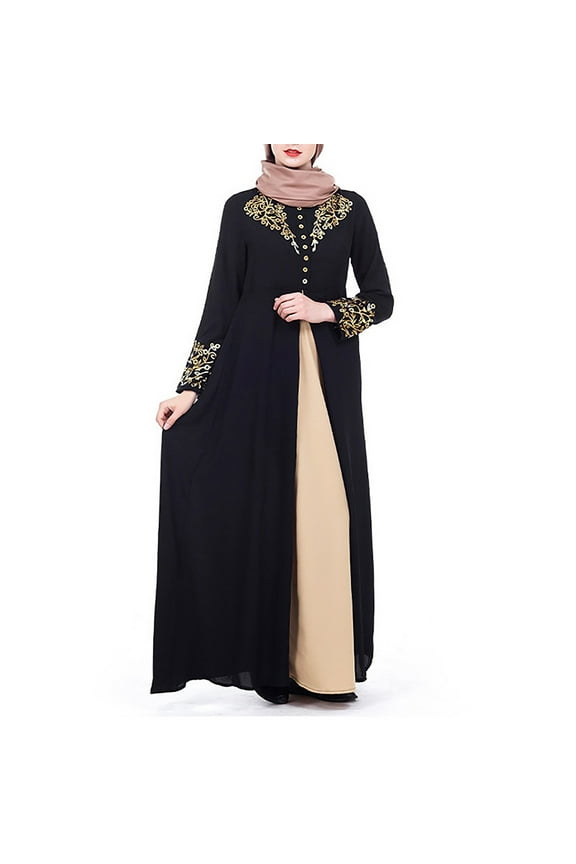 Long Sleeve Maxi Dress for Women Women's Contrasting Color Slim Temperament Long Skirt with Gold Foil Splicing Muslim Dress ,Black,XL