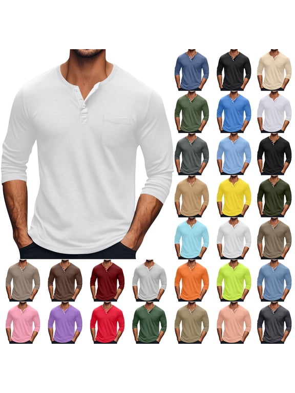 Long Sleeve Shirts for Men Tops Henley Big And Tall Pullover Plain , Round Mens Shirts Lightweight White M