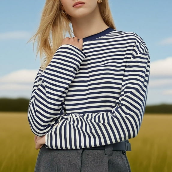 Ndbuld Long Sleeve Shirts for Women Autumn Shirts for Women Tunic Womens Tops Lightweight Trendy Women Fall Tops Crew Neck Winter Clothes Navy XS