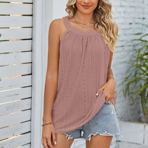 Ndbuld Loose Fit Tank Tops Casual Summer T Shirts Fashion Womens Casual Solid Color Round Neck Sleeveless Short Tops Blouses Sales Today Clearance Watermelon Red XL
