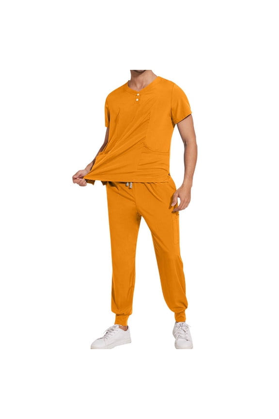 Louis Scrubs Set for Men Man Solid-Color Pocket Drawstring Pants-drying Gown Protective-Suit Button Short Sleeve Round-Neck Shirts Sets ,Yellow,S