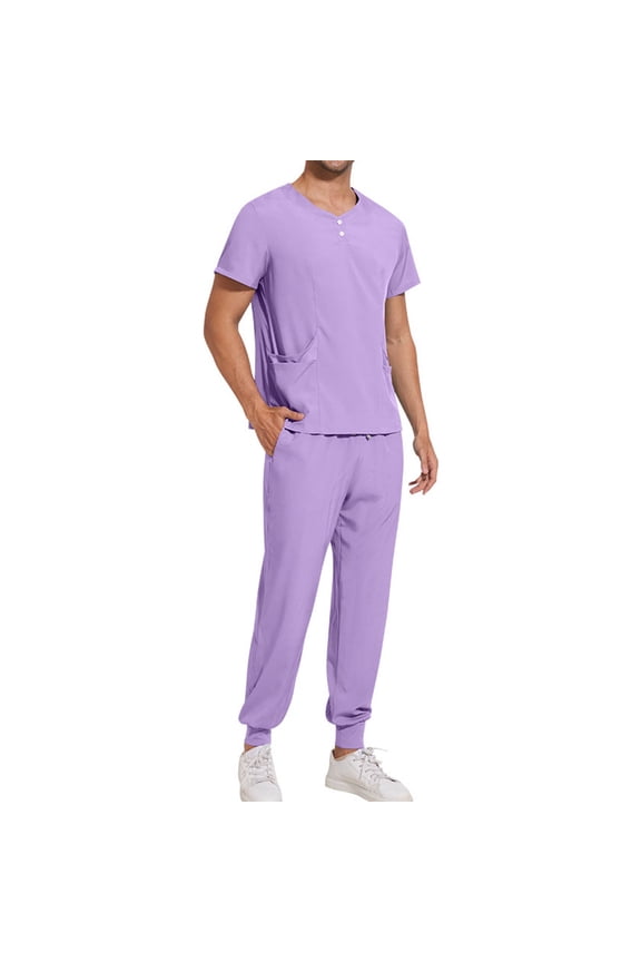 Louis Scrubs Set for Men Man Solid-Color Pocket Drawstring Pants-drying Gown Protective-Suit Button Short Sleeve Round-Neck Shirts Sets ,Purple,S